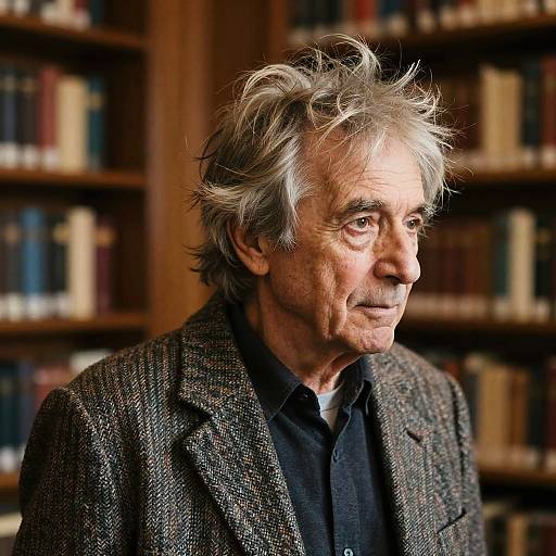 Photograph of an elderly man with gray, tousled hair, wearing a textured brown blazer over a black shirt, standing in a warmly lit library
