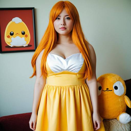 Woman in Gudetama Inspired Yellow Dress Cosplay