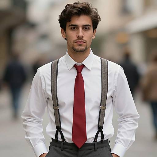 Photograph of a handsome, brown-haired man with light skin, wearing a white shirt, red tie, and gray suspenders, standing in a blurred