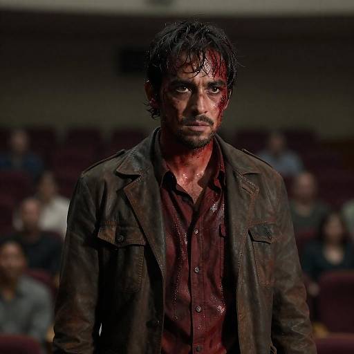 Blood-Stained Man in Dim Auditorium