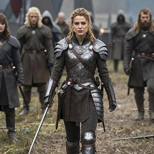 Medieval Female Warrior in Armor on Battlefield