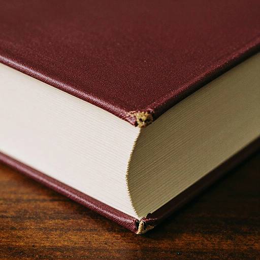 Close-up photograph of a maroon leather-bound book with a slightly worn edge, lying on a dark wooden surface.