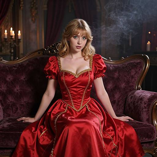 Photograph of a blonde woman in a red satin ball gown with gold trim, sitting on a purple velvet sofa, surrounded by dark, candlelit room