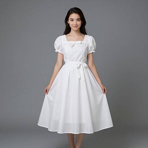 Photograph of a young Asian woman with long black hair, wearing a white, short-sleeved, square-neck, A-line dress, standing against