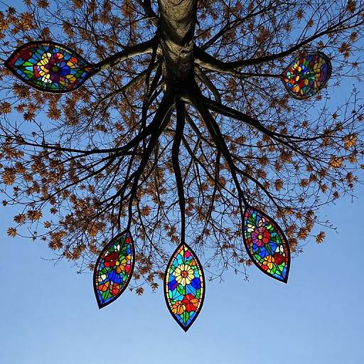 Photograph of a tree with bare branches and colorful, teardrop-shaped stained glass leaves against a clear blue sky.