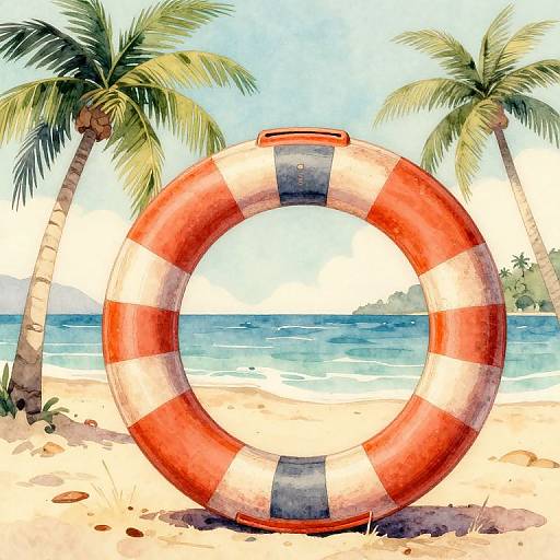 Watercolor painting of a red and white striped life ring on a sandy beach with two palm trees and a blue ocean backdrop.