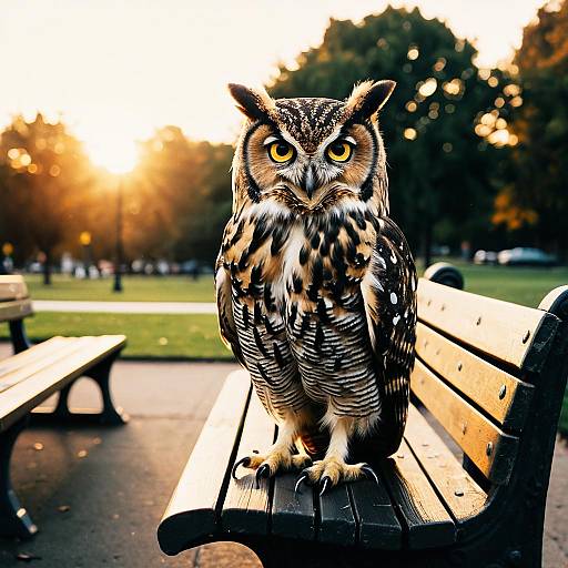 Owl on Park Bench at Sunset