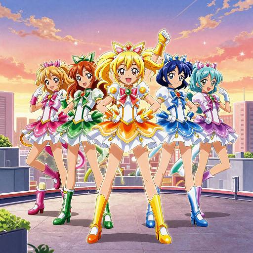 Digital anime artwork of five magical girl characters in colorful outfits, standing on a rooftop at sunset, with cityscape background.