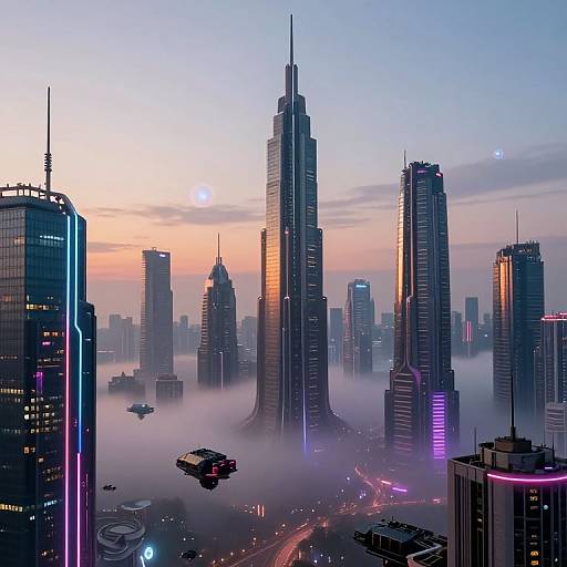 Futuristic cityscape photograph at sunset, featuring tall, neon-lit skyscrapers, misty fog, flying drone, and glowing city lights