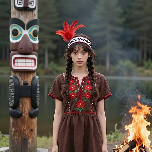 Girl in Brown Dress near Totem Pole