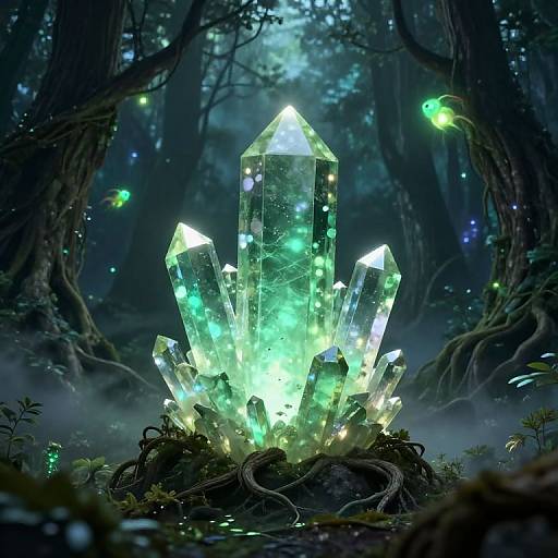Digital fantasy artwork of glowing, crystal-like structures in a dark, enchanted forest, illuminated by ethereal green and blue lights.