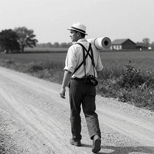 Black-and-White Man on Gravel Road