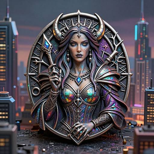 Digital art: Cyberpunk demonic woman with glowing horns, iridescent armor, and neon cityscape. She holds a gem, framed by intricate metallic