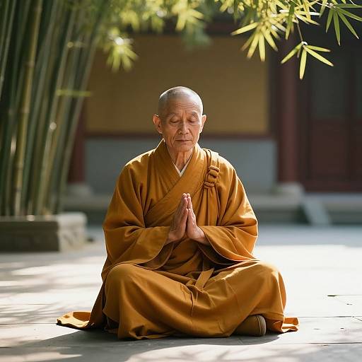 Photograph of an elderly Buddhist monk with a shaved head, golden robe, and closed eyes, sitting cross-legged in a sunlit courtyard, hands in