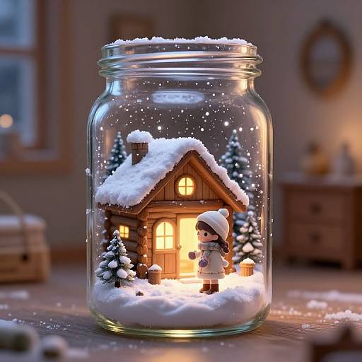 Photograph of a snowy, illuminated miniature log cabin inside a glass jar, featuring a snowman figure and pine trees, with a warm, glowing light