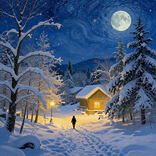 Photograph of a snowy forest at night with a glowing full moon, a warmly lit cabin, and a lone figure walking on snow-covered paths. Trees