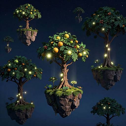 Digital artwork of floating orange trees with glowing fireflies, set against a starry night sky. Vibrant oranges and lush green leaves contrast with dark,