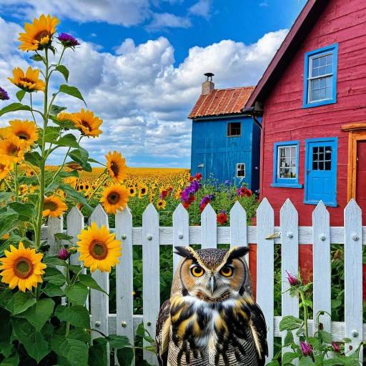 Vibrant Garden Scene with Owl and Flowers