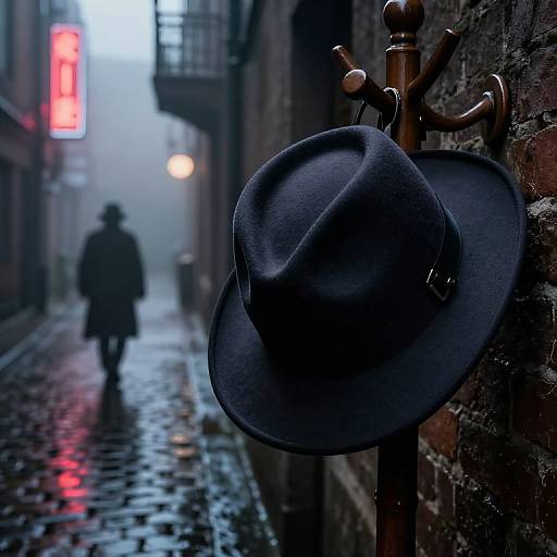 Photograph of a black felt hat hanging on a metal hook in a foggy, rainy alley with a blurred figure in the background. Neon sign gl