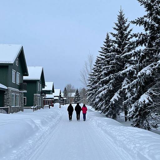 Photograph of three people walking on a snow-covered path between snow-laden houses and evergreen trees on a cloudy winter day.