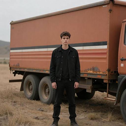 Young man standing in front of rusted trailer truck