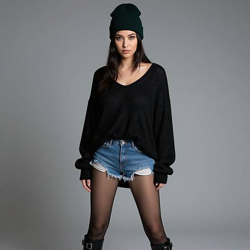 Photograph of a young woman with dark hair, wearing a black knit beanie, loose black sweater, frayed denim shorts, black tights,