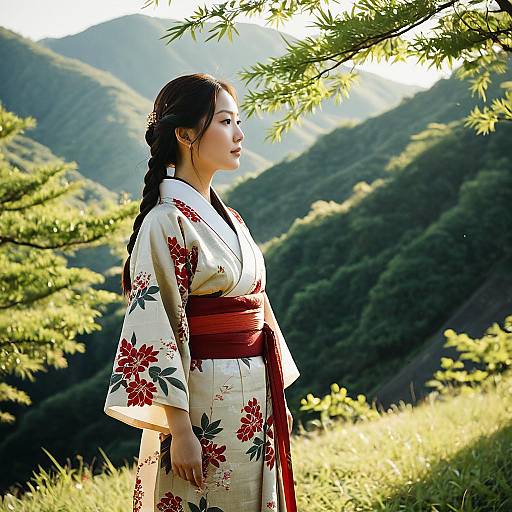 Asian Woman in Traditional Kimono Outdoors