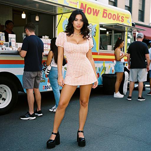 Photograph of a curvy woman with long black hair, wearing a red-and-white checkered mini-dress and black platform heels, standing confidently in