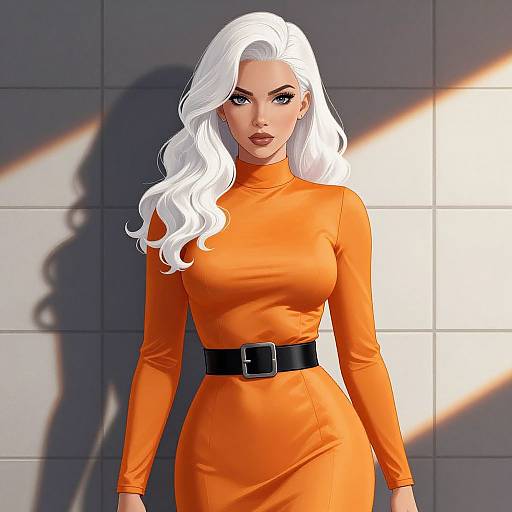 Digital art of a sexy woman with white hair, orange dress, black belt, standing against a sunlit gray wall.