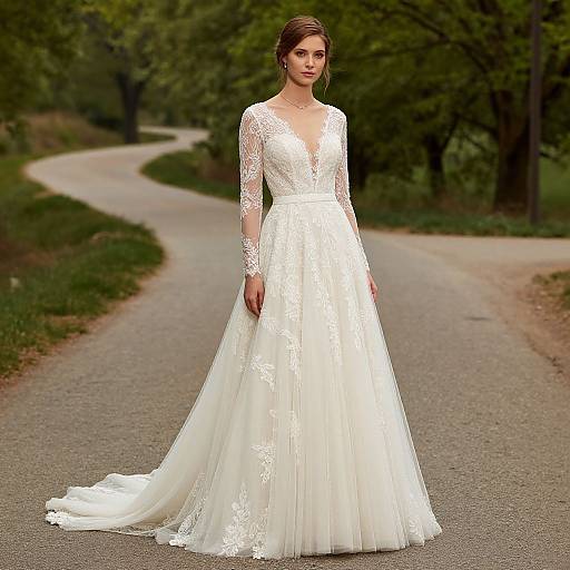 Photograph of a slender, fair-skinned woman with brown hair in a white lace wedding dress with long sleeves, standing on a curving forest path