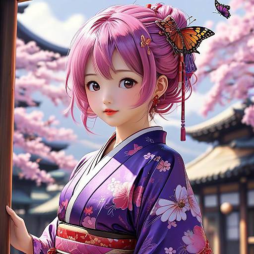 Digital anime-style illustration of a pink-haired woman in a floral kimono, adorned with butterflies, standing by a traditional Japanese building with cherry blossoms in
