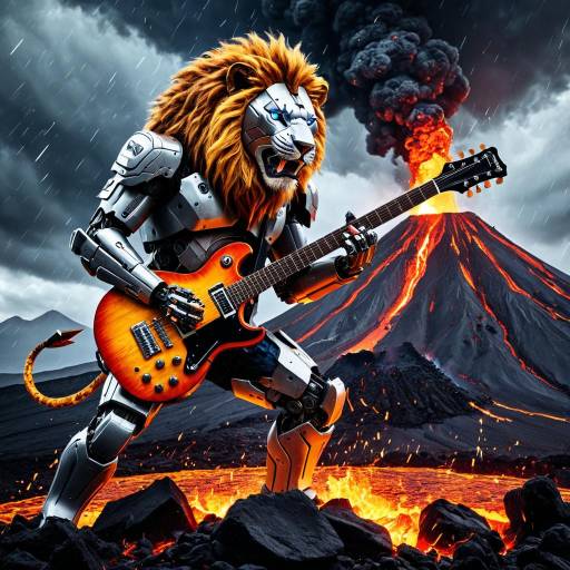 Robotic Lion Playing Guitar at Erupting Volcano