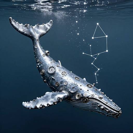 Photograph of a silver humpback whale with air bubbles, swimming in deep blue ocean, illuminated by light, with constellation lines overhead.