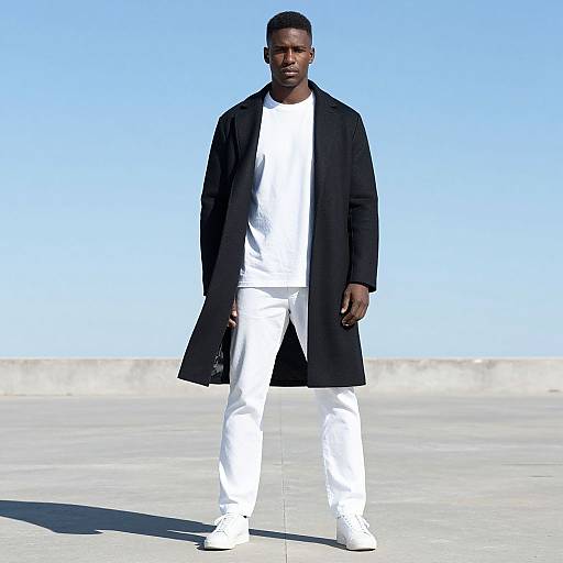 Photograph of a tall, dark-skinned man in a black coat, white shirt, and pants, standing confidently on a sunny, clear blue sky