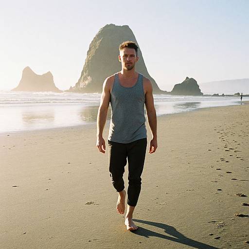 Photograph of a muscular, bearded man in a gray tank top and black pants walking barefoot on a sunlit, sandy beach with a large