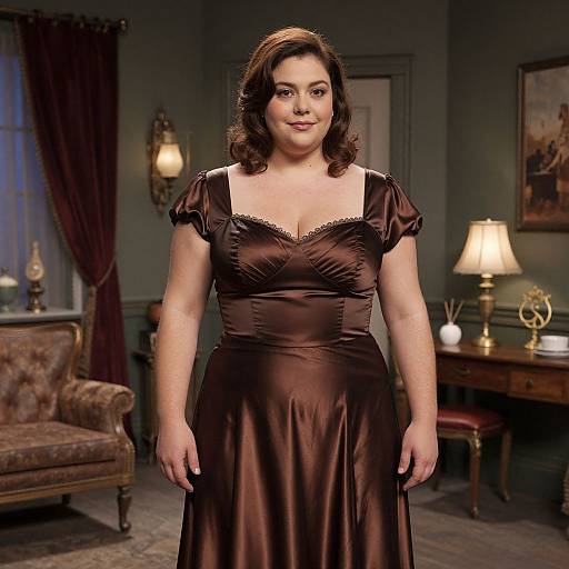 Photograph of a curvy, fair-skinned woman with brown hair in a brown satin dress, standing in a dimly lit, elegant room with