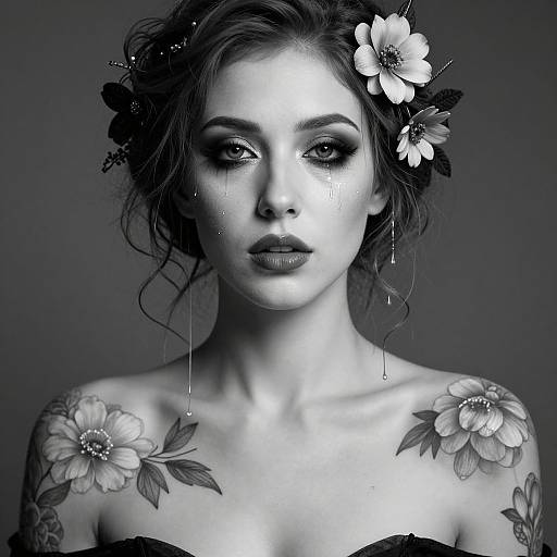 Monochrome photograph of a tattooed woman with wet hair, flowers in her hair, and tears on her face, featuring large floral tattoos on her shoulders