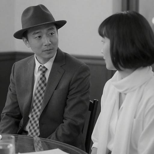 Black and white photo of man and woman at table