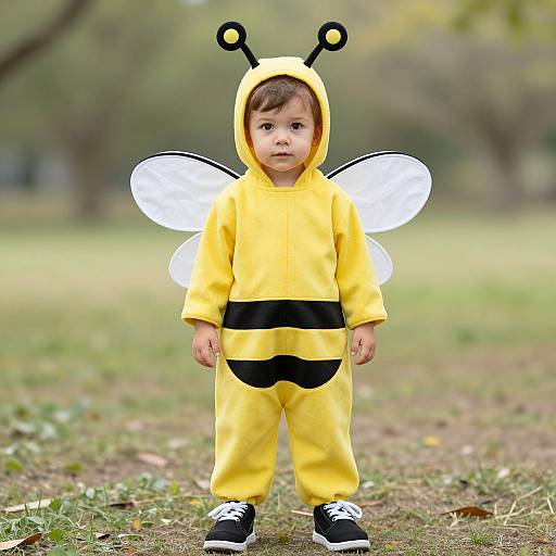 Photograph of a young boy in a yellow bee costume with black stripes, white wings, and antennae, standing in a grassy park.