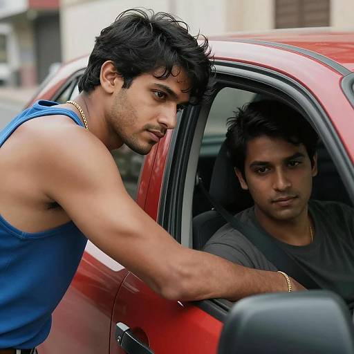 Dynamic Duo by the Red Car