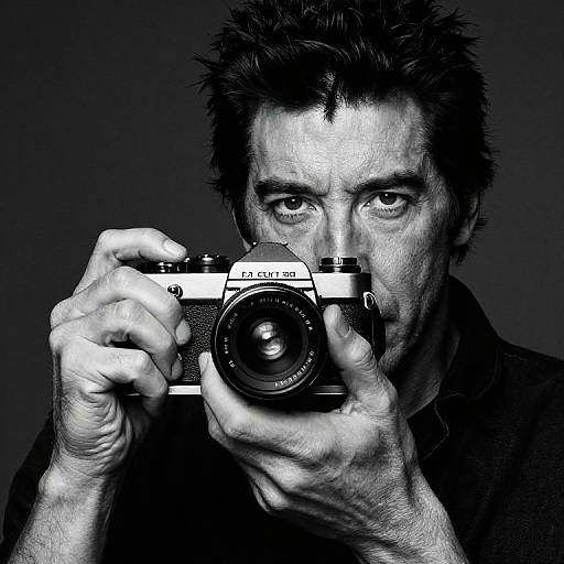 Black-and-white photograph of a man with spiky hair, intense gaze, holding a Pentax camera close to his face, dark background.