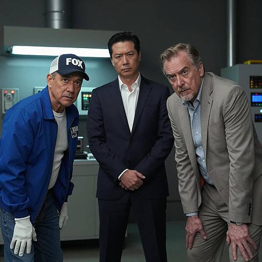 Three Men in Industrial Room with Serious Expressions