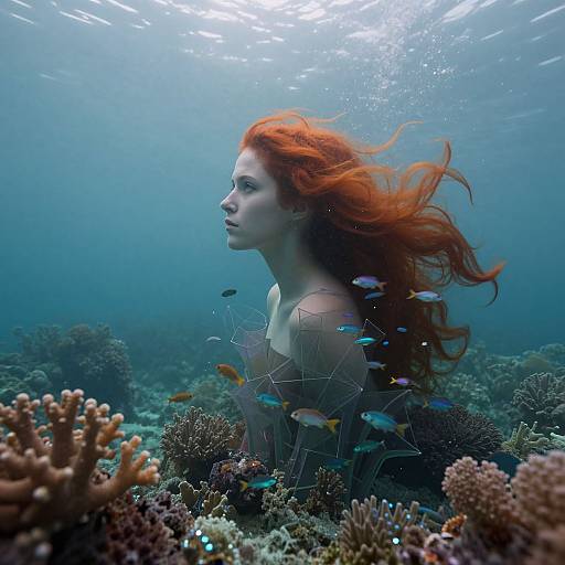 Photograph of a red-haired woman with flowing hair, underwater, surrounded by colorful fish and coral, looking forward in a serene ocean.