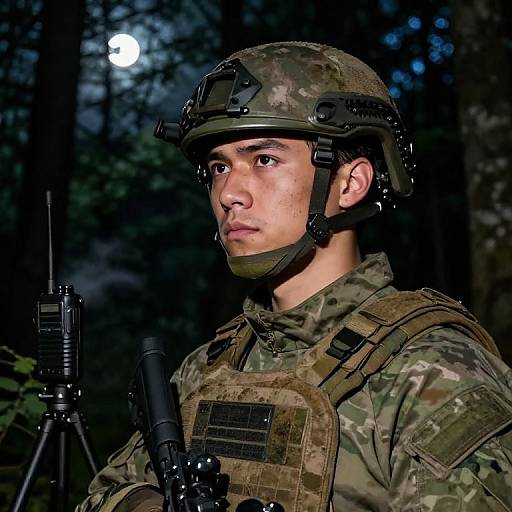 Photograph of a serious young male soldier in camouflage uniform and helmet, holding a rifle, standing in a dark forest at night with a moon in the