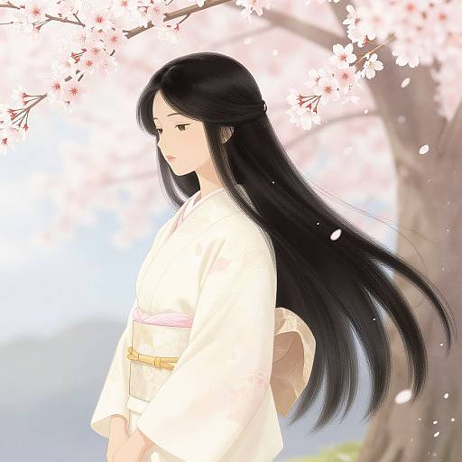 Digital anime-style drawing of a serene young woman with long black hair, wearing a white kimono, standing under cherry blossom branches.
