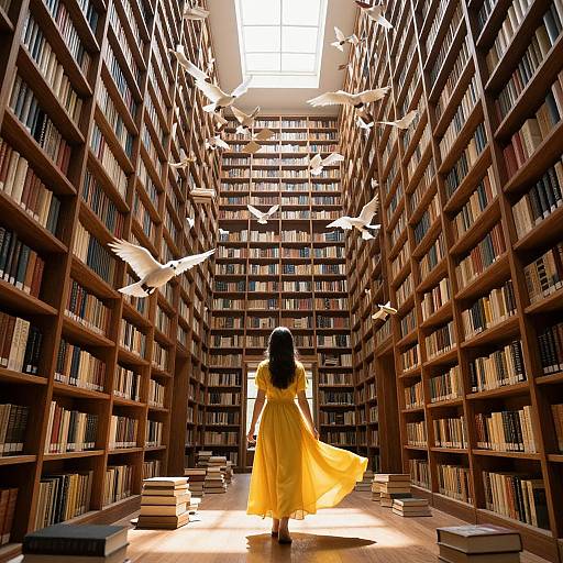 Photograph-style digital art: A woman in a flowing yellow dress walks through a towering library with books on both sides, surrounded by white birds flying overhead