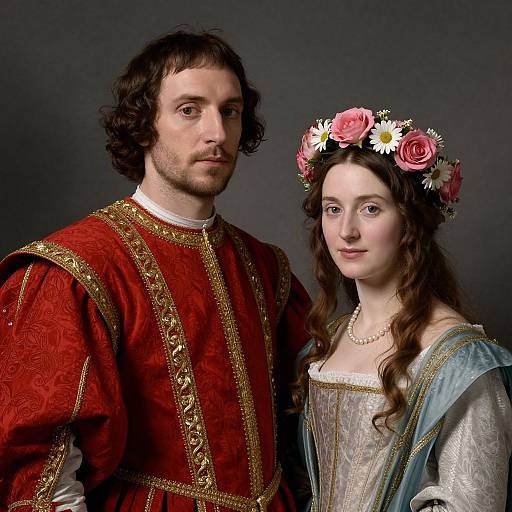 Photograph of a medieval couple; he in a red, gold-embroidered tunic, she in a blue and white gown, wearing a