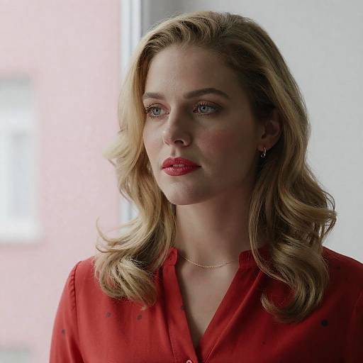 Caucasian Woman in Red Blouse Photo