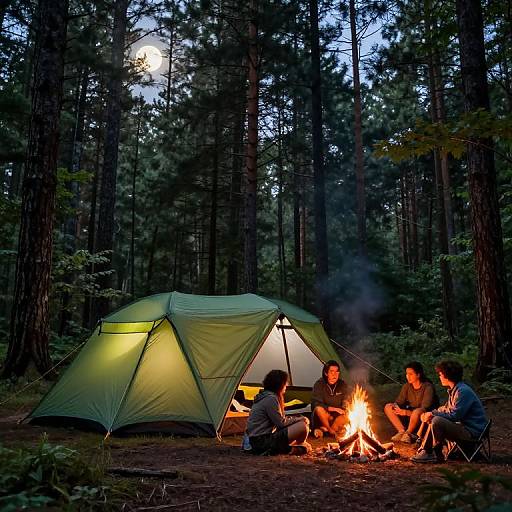 Photograph of four people sitting around a campfire in front of a green tent in a moonlit forest at night.