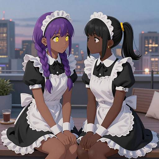 Anime Maids on Rooftop at Dusk